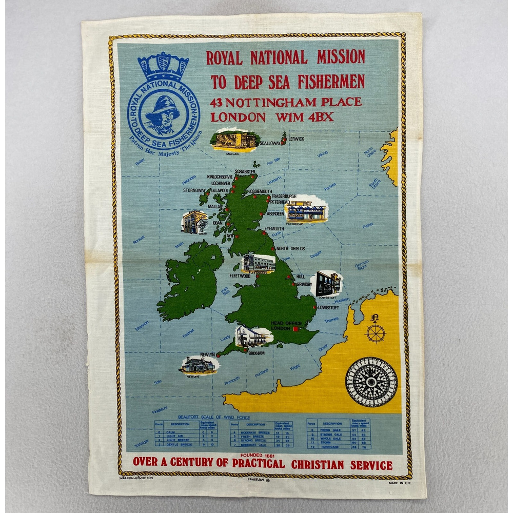 ROYAL NATL MISSION TO DEEP SEA FISHERMEN Commemorative Tea Towel Linen Cotton UK